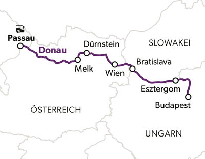 Karte der Donau von Passau nach Budapest mit Zwischenstationen.