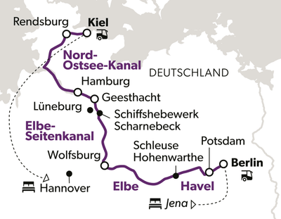 Karte der Wasserstrassen von Kiel nach Berlin, Deutschland.