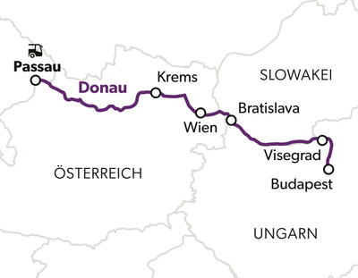 Karte der Donau mit Route von Passau nach Budapest.