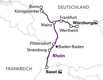 Karte mit einem Zugstreckennetz zwischen verschiedenen Städten in Deutschland und Frankreich.