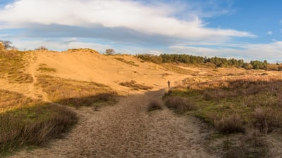 Sanddünenlandschaft mit Wanderer unter blauem Himmel.