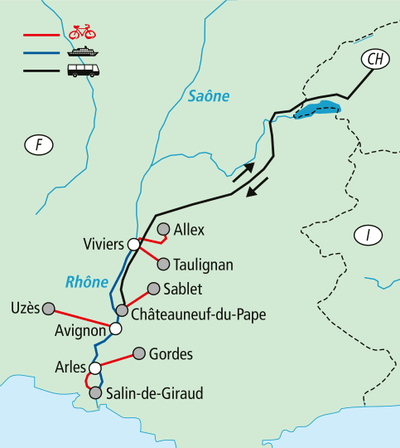 Karte der Route von Arles nach Salin-de-Giraud entlang Rhône.