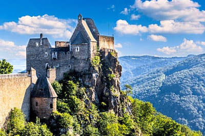 Burg auf einem Hügel mit Wald und Bergen im Hintergrund.