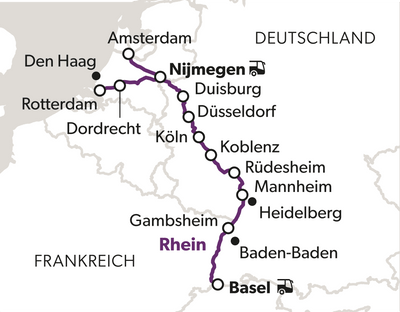 von-basel-nach-amsterdam-7.png Karte mit einer Zugstrecke von Amsterdam nach Basel durch Deutschland.