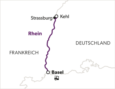 Karte mit Zugstrecke von Strassburg über Kehl nach Basel.