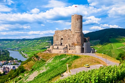 Burg auf Hügel mit Fluss und Weinbergen im Hintergrund.
