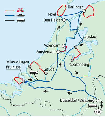 Karte mit Routen für Fahrrad und Bus in den Niederlanden und Deutschland.