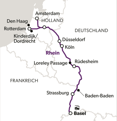 Karte der Route von Amsterdam nach Basel entlang des Rheins.