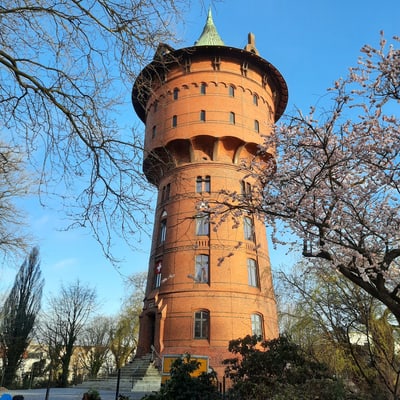 Historischer Wasserturm im Frühling mit blühenden Bäumen.