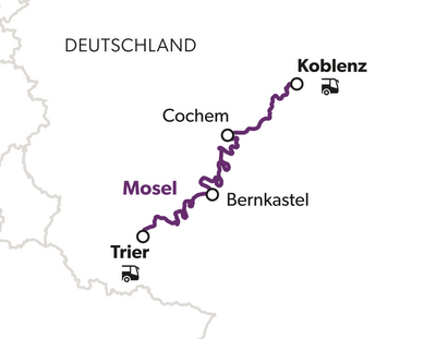 Karte mit Route der Mosel in Deutschland, markiert mit Städtenamen.