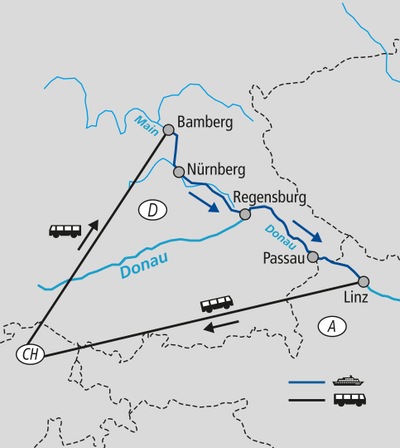 weihnachtsschiff-von-bamberg-nach-linz-3.jpg Karte mit Routenverlauf von Bussen und Booten zwischen Städten und Flüssen.
