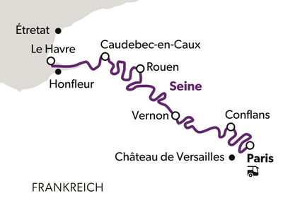 Karte mit Route von Le Havre nach Paris entlang der Seine.