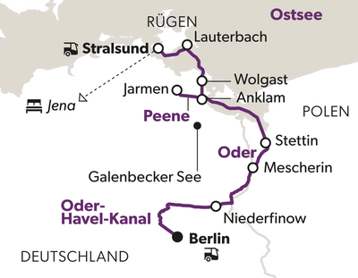 zu-den-kranichzuegen-an-der-ostseekueste-8.png Karte mit markierten Orten und einer eingezeichneten Route in Deutschland und Polen.