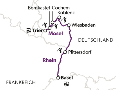 Karte mit Rhein- und Mosel-Route durch Deutschland von Basel nach Koblenz.