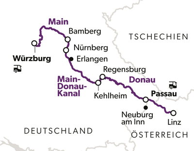 Karte des Main-Donau-Kanals von Würzburg nach Linz über Nürnberg.