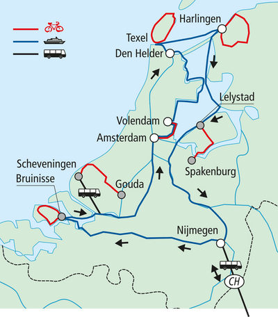 Karte mit Rad- und Autobahnstrecken zwischen verschiedenen Städten.