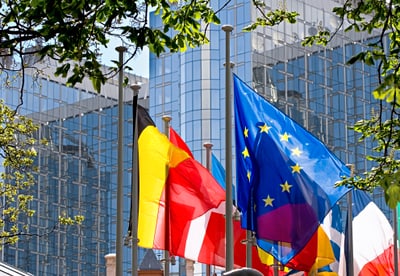 Verschiedene Nationalflaggen und EU-Flagge vor modernen Gebäuden.