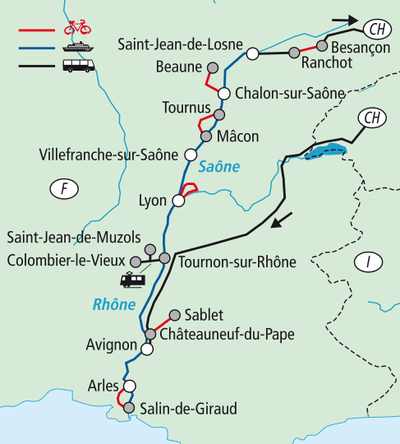 Rad- und Busroute in Frankreich mit Flüssen Saône und Rhô.