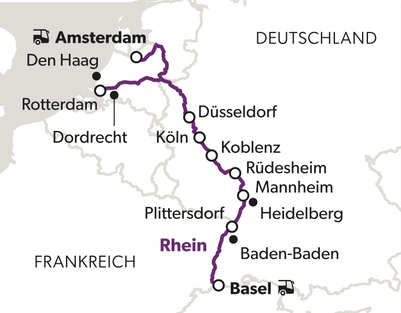 Karte mit Reiseroute von Amsterdam nach Basel entlang des Rheins.