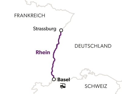 Karte mit Rhein von Strassburg nach Basel.