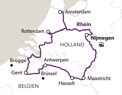 Karte mit Reiseroute durch Holland und Belgien, Städte markiert.