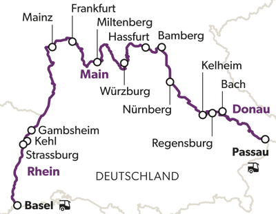 Karte der Rhein-Main-Donau-Route mit Städten.