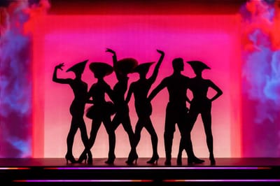 Silhouetten von Personen in kunstvollen Posen vor einem farbigen Hintergrund.