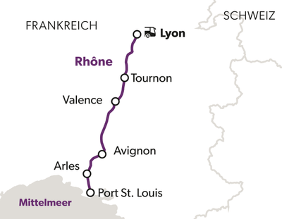 Karte der Rhône in Frankreich mit Städten von Lyon bis Port St. Louis.