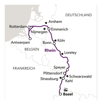 metropolen-zum-staunen-rhein-und-flandern-5.png Karte des Rheinflusses mit markierten Städten in Europa.