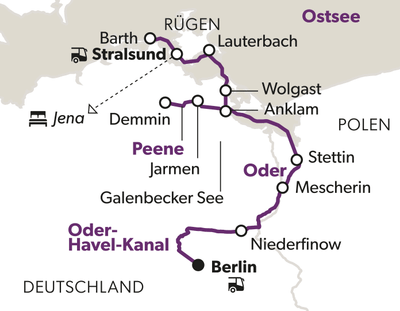 Karte von Deutschland, zeigt Route von Berlin über Stralsund bis Rügen mit wichtigen Städten wie Jena, Stettin und Anklam.