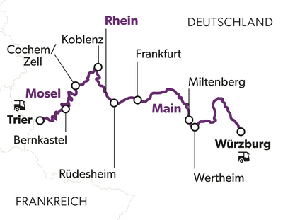 Karte der Weinstrasse durch Deutschland mit Städten und Flüssen Rhein und Main.