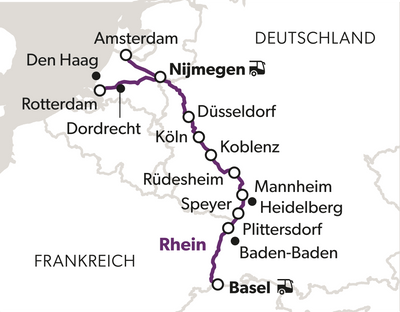 Karte mit Zugstrecke durch Städte in Deutschland und den Niederlanden.