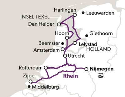 Karte von Holland mit markierten Radrouten.