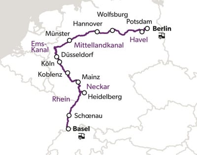 grand-tour-berlin-basel-8.jpg Karte der Wasserstrassenroute von Basel nach Berlin mit markierten Städten.
