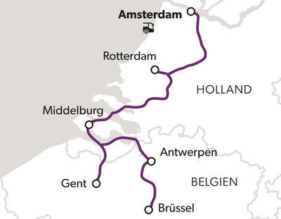 city-cruise-holland-trifft-flandern-7.jpg Karte mit einer Route von Amsterdam nach Brüssel durch Holland und Belgien.