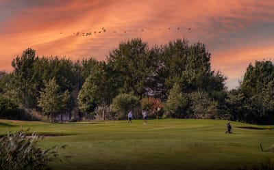 Zwei Personen auf einem Golfplatz bei Sonnenuntergang mit Bäumen im Hintergrund.