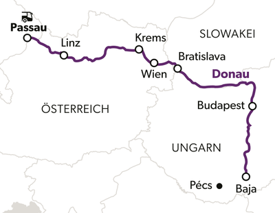 inspirationsquellen-der-donau-7.jpg Karte der Donau-Route durch Österreich und Ungarn mit Städtenamen.