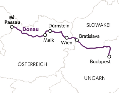 excellence-presents-philipp-fankhauser-9.png Karte mit Route entlang der Donau von Passau über Wien nach Budapest.