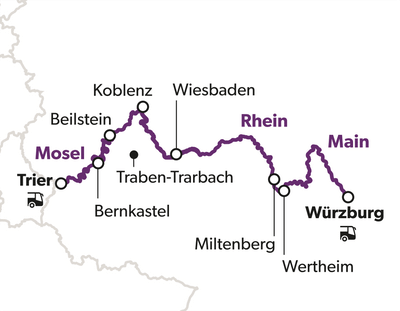 Karte mit Route entlang der Flüsse Mosel, Rhein und Main, Städte markiert.