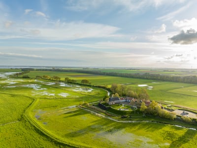 Luftaufnahme von grüner Landschaft mit Bauernhof und Feldern.