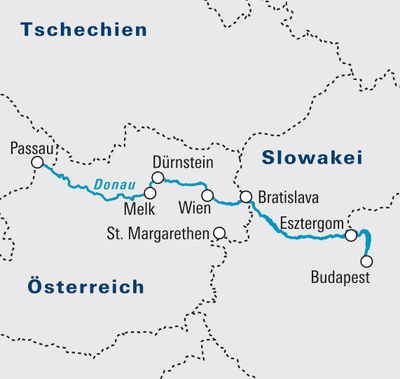 Karte der Donau von Passau nach Budapest, durch Österreich und die Slowakei.