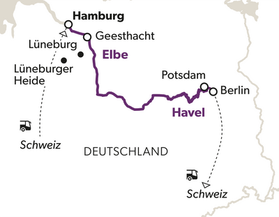 Karte einer Route durch Deutschland mit Städten und Flüssen.