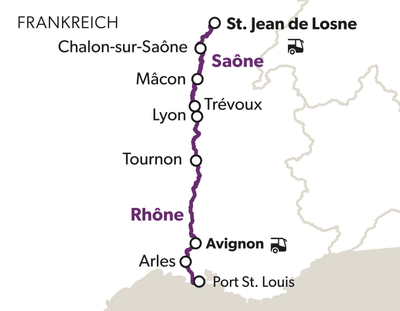 Karte von Frankreich mit Route von St. Jean de Losne nach Port St. Louis entlang Saône und Rhone.