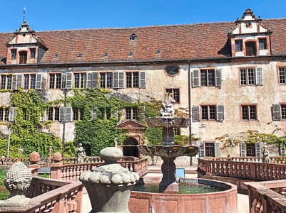 Altes Gebäude mit Weinreben und Brunnen im Hof.
