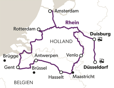 kunst-und-architektur-in-flandern-5.png Europäische Landkarte mit Städtenamen und Reiseroute.