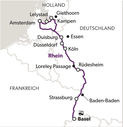 Karte mit einer Reiseroute entlang des Rheins von Holland durch Deutschland bis Basel.