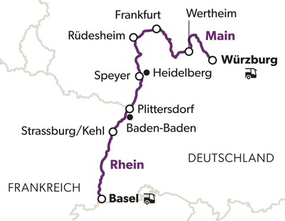 Karte der Route von Basel nach Würzburg mit Städtenamen.