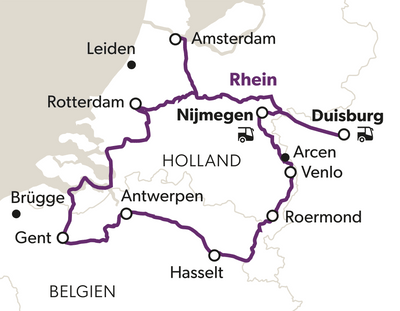 Karte mit einer Reiseroute zwischen Städten in den Niederlanden und Belgien.