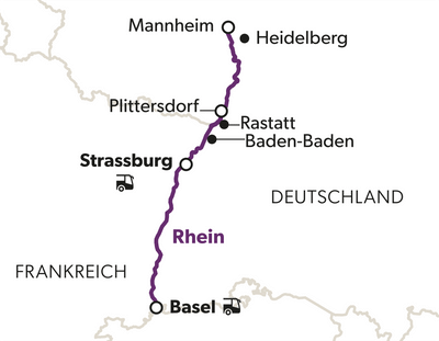 eine-kurze-cruise-und-viel-zu-sehen-5.png Karte mit markierter Route von Mannheim über Heidelberg nach Basel, durch Deutschland und Frankreich.