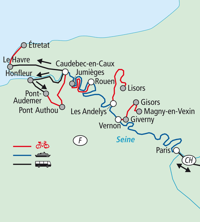 Karte mit Fahrrad- und Busroute von Le Havre nach Paris entlang der Seine.